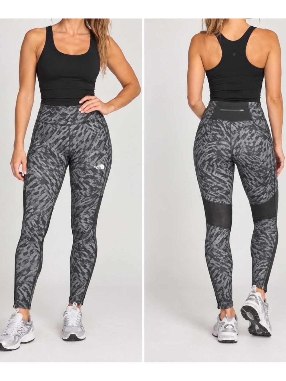 The North Face Women’s Large Gray Black Abstract Running Leggings Zip Ankle Mesh